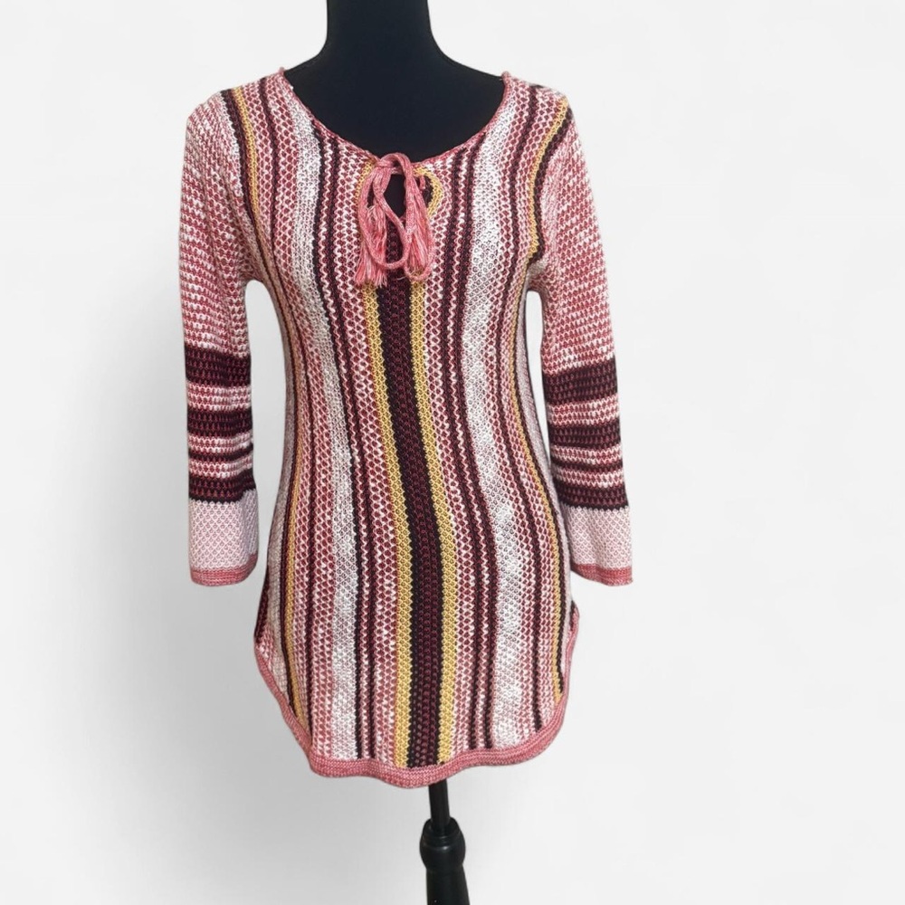 Striped Knit Sweater with Tie Neck